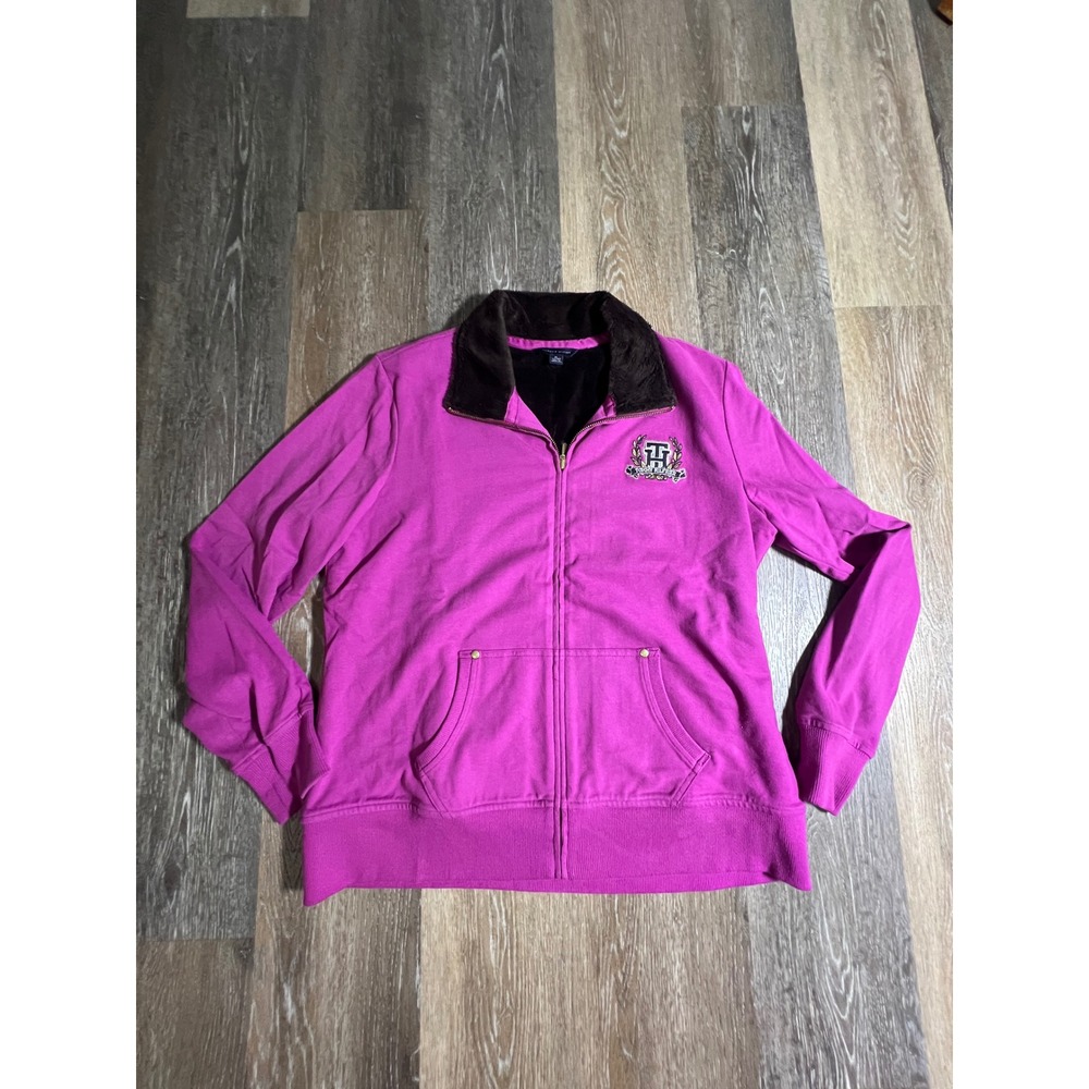 Tommy Hilfiger Zip Up Sweatshirt Womens XL Pink Good Faux Fur Collar Crest Logo